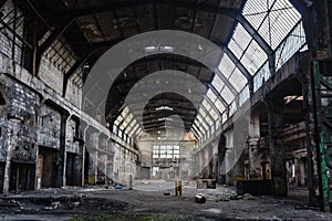 Old abandoned factory hall, industrial background