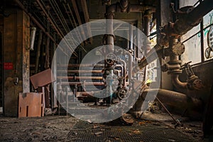 Old abandoned factory with pipes and cogs on a grungy floor