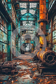 Old abandoned factory with pipes and large tanks. Generative AI