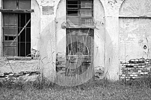 Old abandoned farm. Black and white photo