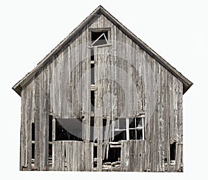 Old abandoned farm building isolated on white background