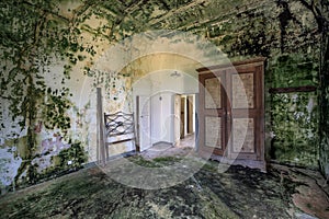 Old abandoned farmhouse with room ruined by green mold