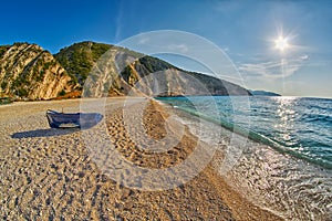 Old Abandoned Fishermen Boat at Sunset Myrtos Beach in Kefalonia, Greece