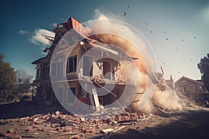Old abandoned house demolition street village. Generate Ai photo