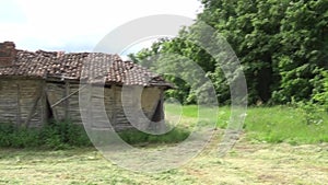 Old abandoned hut on the meadow next to the forest