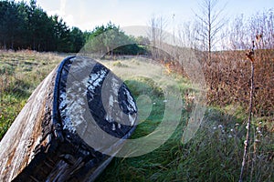 An old abandoned leaky wooden boat upside down lies on the Bank of river or lake near forest