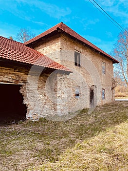 Old abandoned manor. Beautiful archways and windows. Northern Estonia architecture. Urban decay.