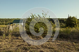 An old abandoned metal rectangular structure against the background of a green bush, a house and a deciduous forest in summer