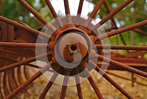 old abandoned metal wheel of farm machinery from 19th century