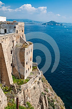 The old abandoned prison in the historic Palazzo d`Avalos on the Terra Murata cliffs, Procida Island, Italy