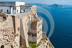 The old abandoned prison in the historic Palazzo d`Avalos on the Terra Murata cliffs, Procida Island, Italy