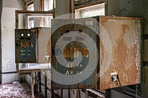 Old abandoned room with rusted equipment at the building in the Chernobyl ghost town