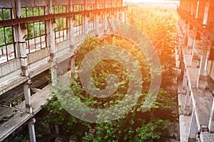 Old abandoned ruined industrial building overgrown by plants and trees