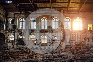 Old abandoned and ruined red brick building interior of former sugar factory in Ramon, Voronezh region