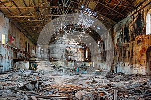 Old abandoned and ruined red brick building interior of former sugar factory in Ramon, Voronezh region