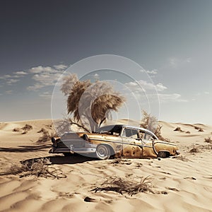 Old abandoned and rusted car in the desert.