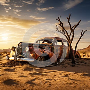 Old abandoned and rusted car in the desert.