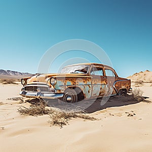 Old abandoned and rusted car in the desert.