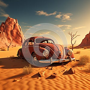 Old abandoned and rusted car in the desert.