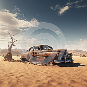 Old abandoned and rusted car in the desert.