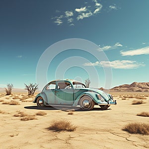 Old abandoned and rusted car in the desert.