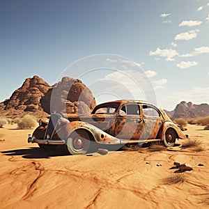 Old abandoned and rusted car in the desert.