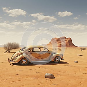 Old abandoned and rusted car in the desert.