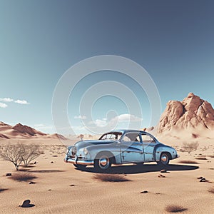 Old abandoned and rusted car in the desert.