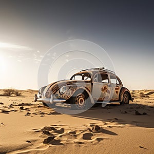 Old abandoned and rusted car in the desert.