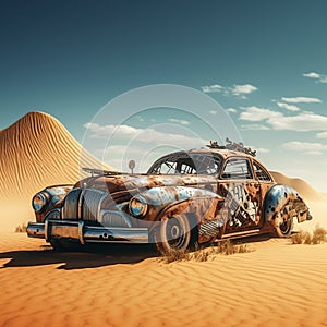 Old abandoned and rusted car in the desert.