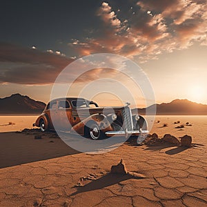 Old abandoned and rusted car in the desert.