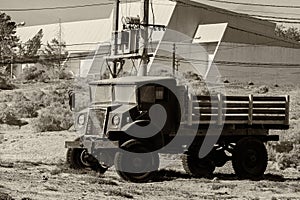 Old abandoned rusted truck in b&w