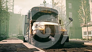 An old abandoned rusty school bus stands in the middle of the road in a deserted city. The image for historical, retro