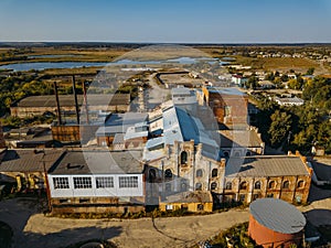 Old abandoned Sadovsky sugar factory in Voronezh region, aerial view