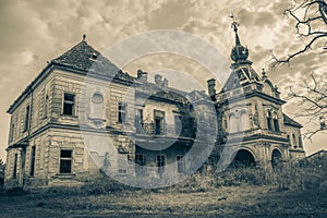 An old abandoned scary castle in gothic style black and white