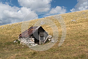 Old abandoned shepherd\'s hut in middle of pasture on slope of Vlasic mountain