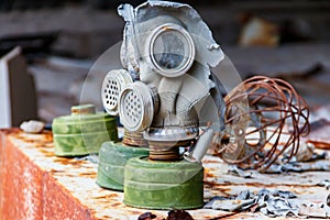 Old abandoned soviet gas masks used during the liquidation of the effects of Chernobyl disaster in Chernobyl Exclusion Zone