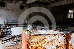 Old abandoned soviet gas masks used during the liquidation of the effects of Chernobyl disaster in Chernobyl Exclusion Zone