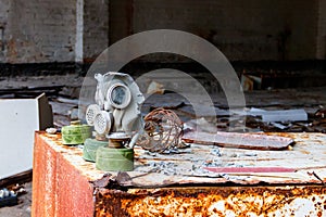 Old abandoned soviet gas masks used during the liquidation of the effects of Chernobyl disaster in Chernobyl Exclusion Zone