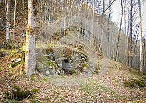 An old abandoned stone cellar in Flaten at Nes Verk in Tvedestrand, Norway