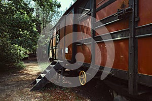 Old abandoned train wagon in a forest, Ecomuseum of MarquÃ¨ze, France