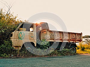 Old abandoned truck in the forest