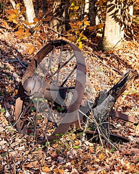 An old abandoned wagon wheel