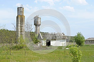 old abandoned water towers barn at the ruined farm. Katran village, Cherkassy oblast, Ukraine