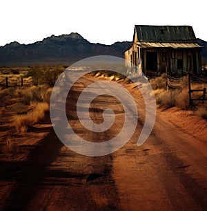 old abandoned wood house in the desert vast landscape. Mountain range in the horizon. Dirt desert road.