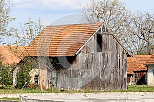 Old abandoned wooden barn with broken dilapidated wooden boards and destroyed doors next to small family house