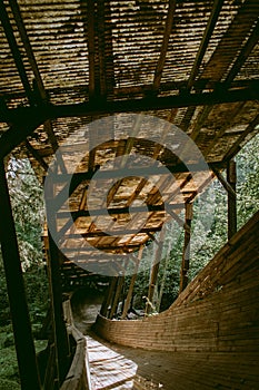 Old and abandoned wooden bobsleigh and luge track in Murjani, Latvia