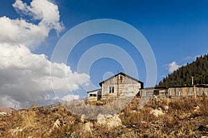 Old abandoned wooden house against the background of trees and a cloudy sky. Rural landscape. Gloomy house