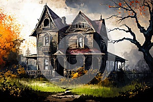 Old abandoned wooden house on the background of an autumn landscape. Digital painting