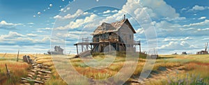 Old abandoned wooden house in the meadow on a background of blue sky